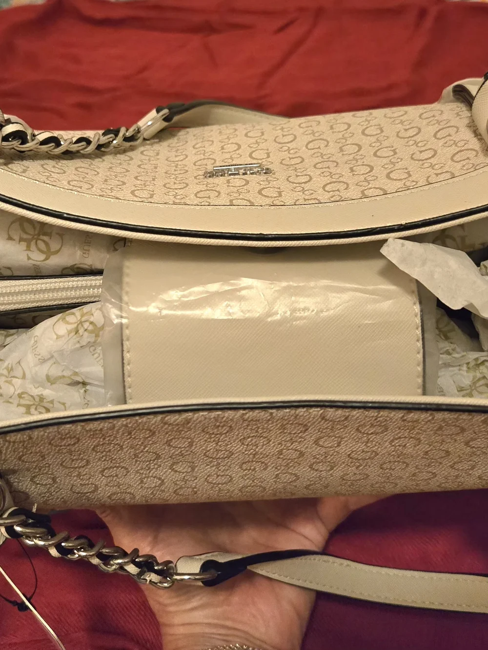 Guess Cream Logo Convertible Satchel with Chain-Strap